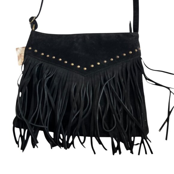 BP crossbody purse black faux suede fringe studs rectangular shoulder bag - Picture 3 of 4